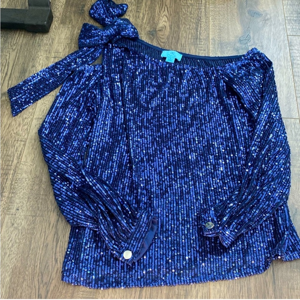 CeCe glamorous bows Navy Sequin Off-Shoulder cold Blouse sequence bling NWT Sz M - Picture 5 of 15